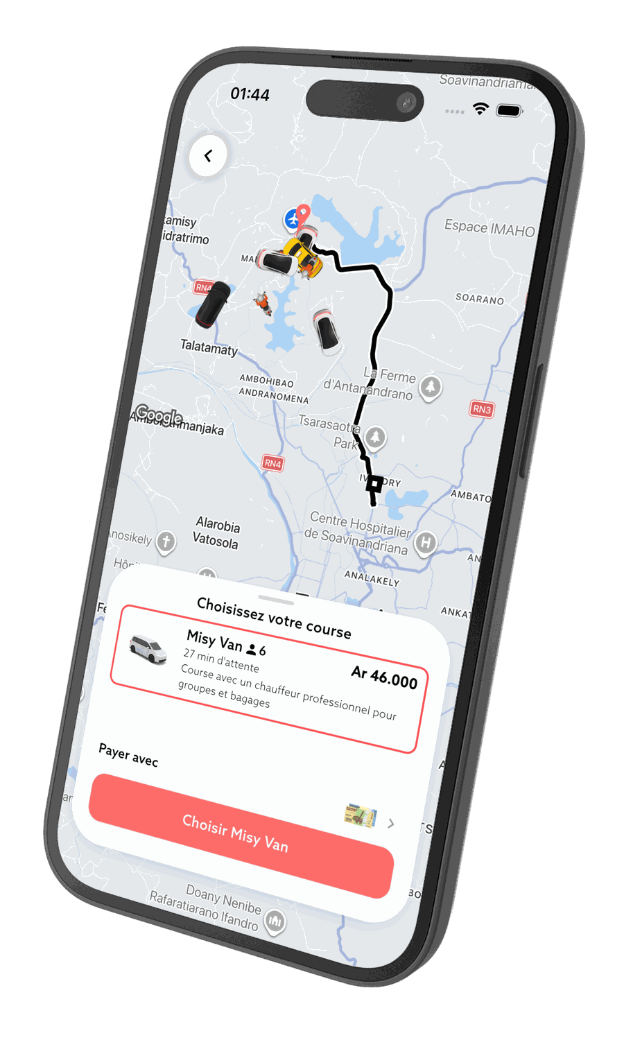 Écran de l'app Misy : choisir Misy Van, prix affiché avant la course