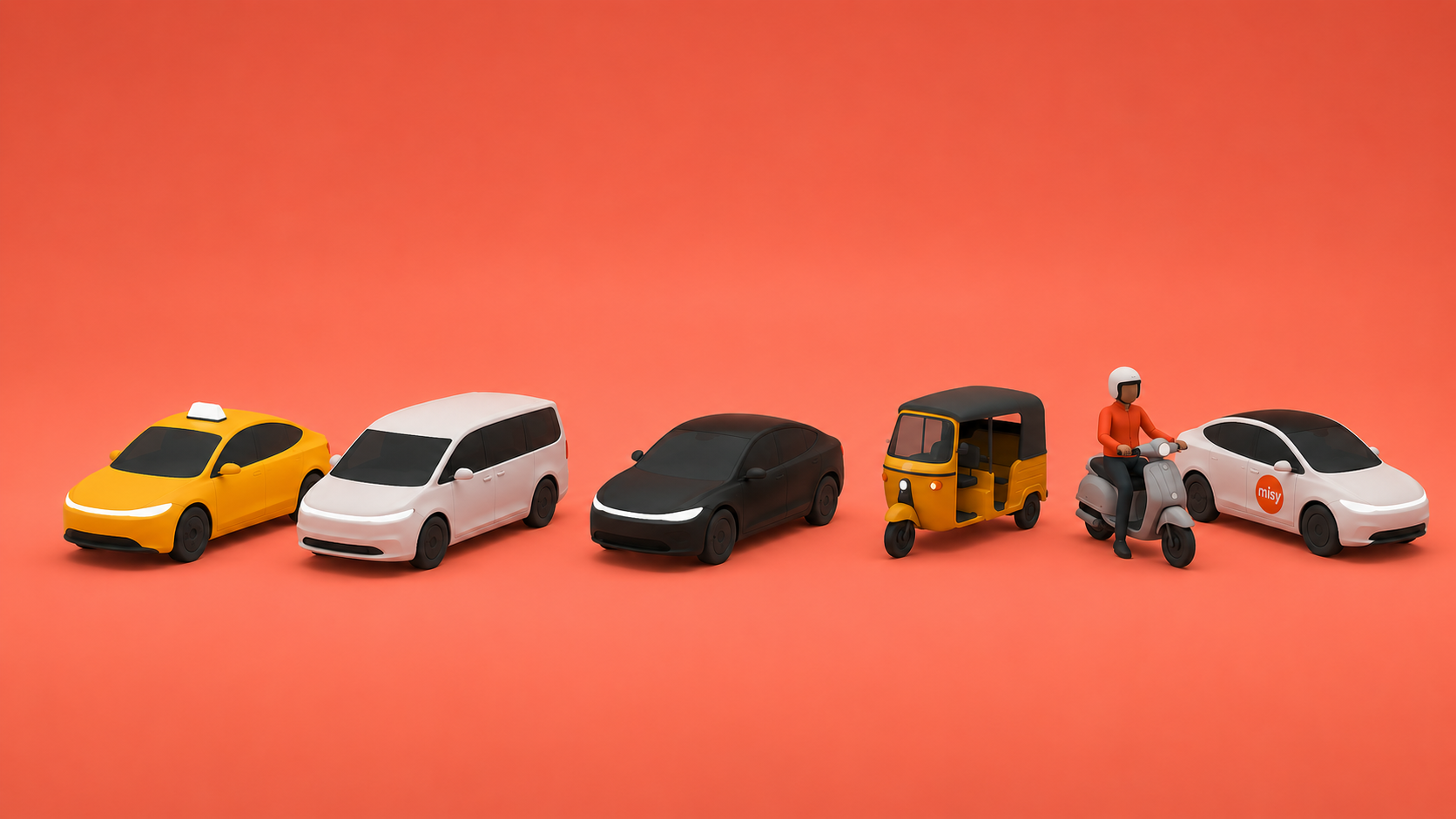 Six catégories Misy alignées sur fond corail : Taxi, Van, Berline, Bajaj, Moto et Classic