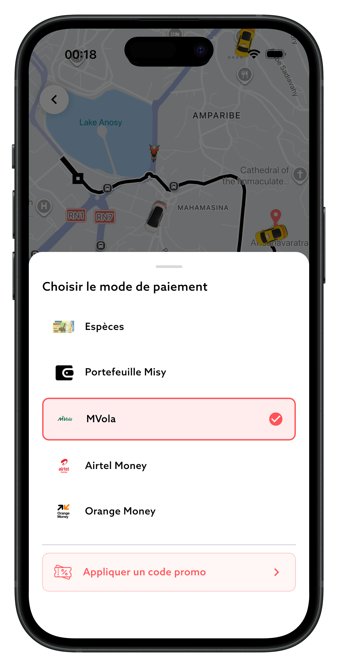 Écran Misy « Choisir le mode de paiement » : Espèces, Portefeuille Misy, MVola, Airtel Money, Orange Money