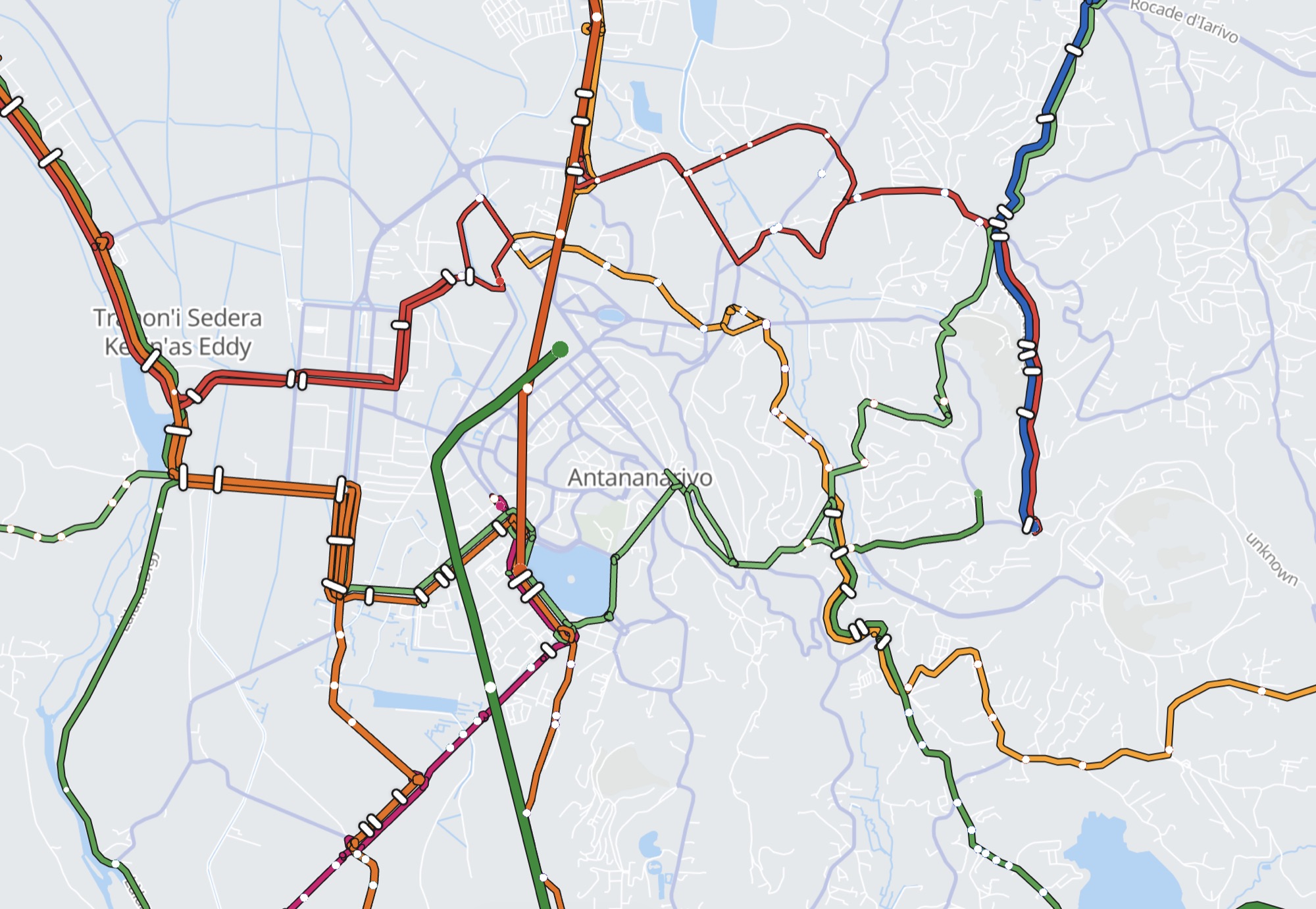 Carte du réseau taxi-be d'Antananarivo avec ses lignes colorées