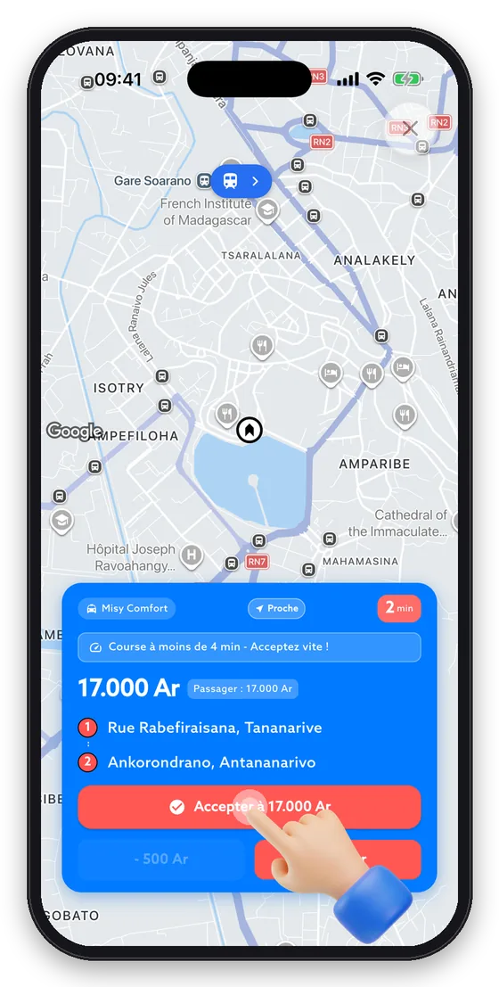 Une demande arrive : catégorie, prix, départ et arrivée. Touchez « Accepter ».