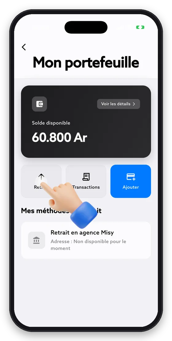 Portefeuille : solde disponible, retraits et transactions.