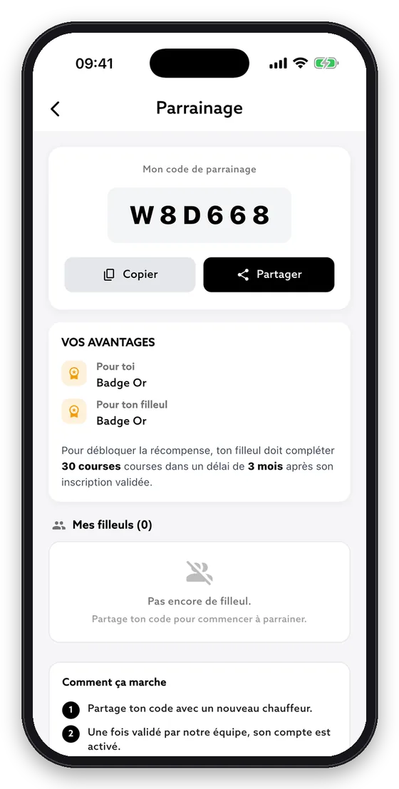 Parrainage : partagez votre code avec d'autres chauffeurs.