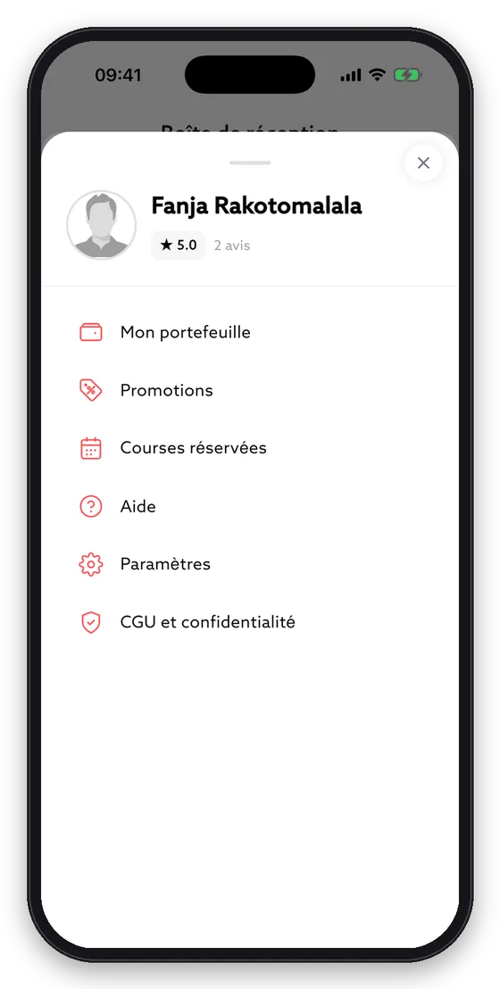 Le menu regroupe portefeuille, promotions, réservations et aide.