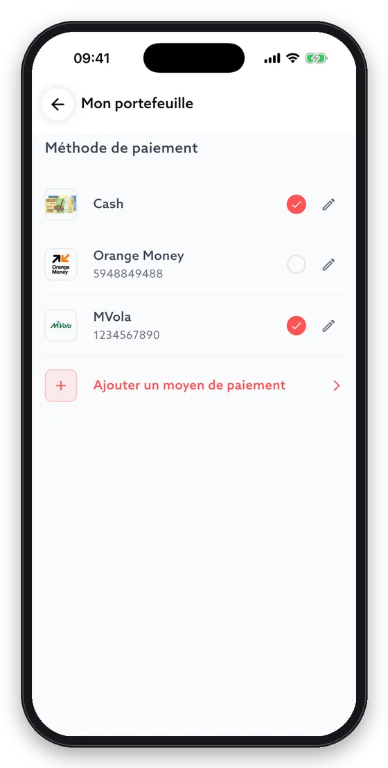 Portefeuille : espèces, Orange Money, MVola…