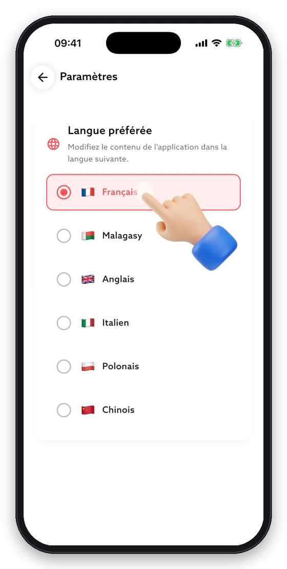 Paramètres : choisissez la langue de l'application.